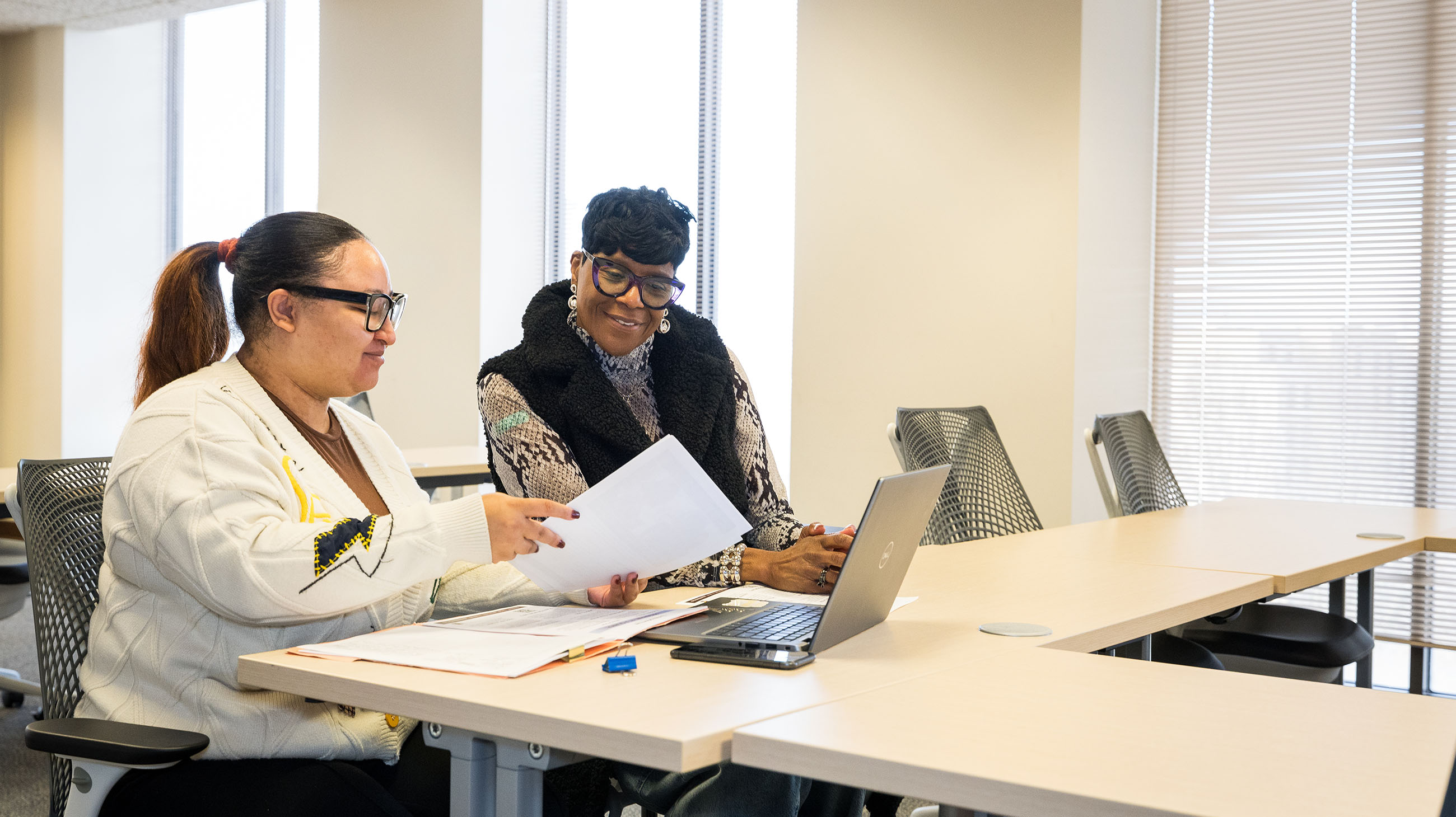 student and professional discussing coursework